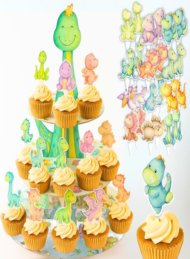 BOGAZNET 25PCS Dino Party Decorations Kit - Dinosaur Cupcake Stand 3-Tier and 24PCS Dinosaur Cupcake Toppers for Dino Birthday Decorations Baby Shower Fun Party Supplies for Kids Celebrations - Image 1